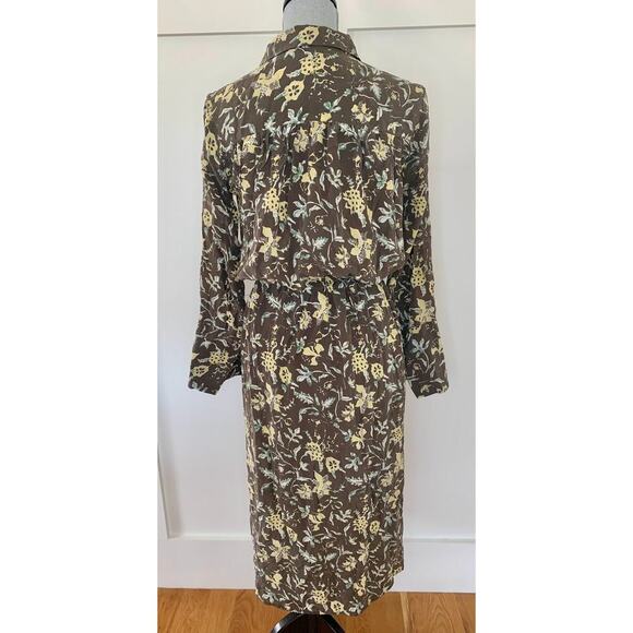 Club Monaco Midi Shirtdress in Brown Floral Medium Long Sleeve Button Front Silk - Picture 3 of 7